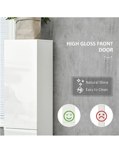 kleankin Tall Bathroom Cabinet with Adjustable Shelves, High Gloss Storage Cupboard, Freestanding Tallboy with Storage Drawer, W