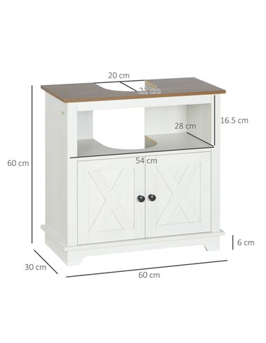 kleankin Under Sink Cabinet Bathroom Vanity Unit with Double Doors and Storage Shelves, 60 x 30 x 60cm, White 834-542V00WT