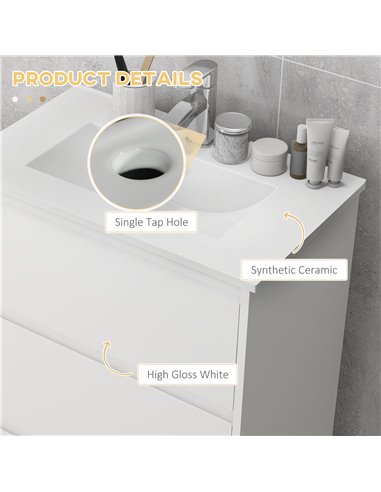 kleankin 600mm Bathroom Vanity Unit with Basin and Single Tap Hole, High Gloss White Floor Standing Bathroom Sink Unit with 2 Dr