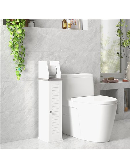 kleankin Slim Bathroom Floor Cabinet with Cupboard, Roll Holder and Adjustable Shelf, Toilet Roll Storage Unit for Toilet Paper, - pic 37377 | FastDaddyshop