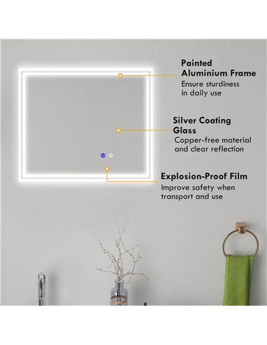kleankin LED Bathroom Mirror with Lights, Illuminated Makeup Mirror, Vanity Mirror with 3 Colour, Smart Touch, Anti-Fog 834-657V