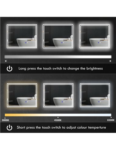 kleankin LED Bathroom Mirror with Lights, Illuminated Makeup Mirror, Vanity Mirror with 3 Colour, Smart Touch, Anti-Fog 834-657V
