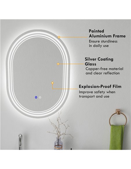 kleankin 700 x 500mm Bathroom Mirror with LED Lights Makeup Mirror with Anti-fog Touch, Switch, Vertical or Horizontal 834-656V0 - pic 37467 | FastDaddyshop