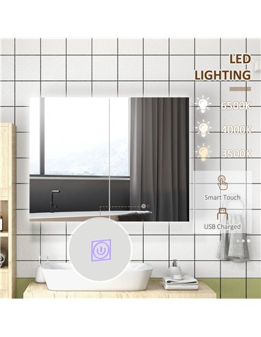 Kleankin Bathroom Mirror Cabinet with Light, High Gloss White 834-642V00WT
