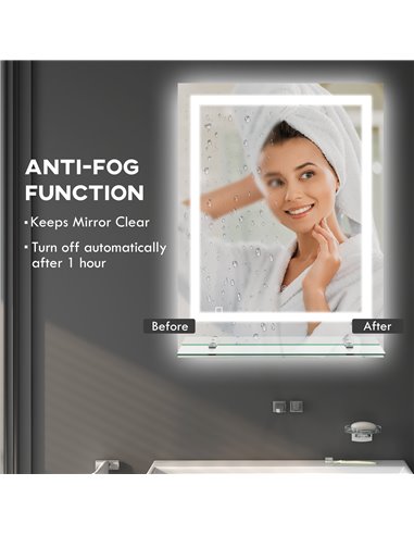 kleankin LED Bathroom Mirror with Lights and Shelf, Illuminated Makeup Mirror, Vanity Mirror with 3 Colour, Smart Touch, Anti-Fo
