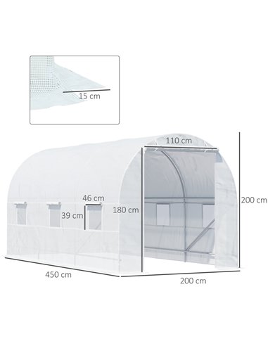 Outsunny 4.5 x 2 x 2 m Large Galvanised Steel Frame Outdoor Poly Tunnel Garden Walk-In Patio Greenhouse - White 845-073