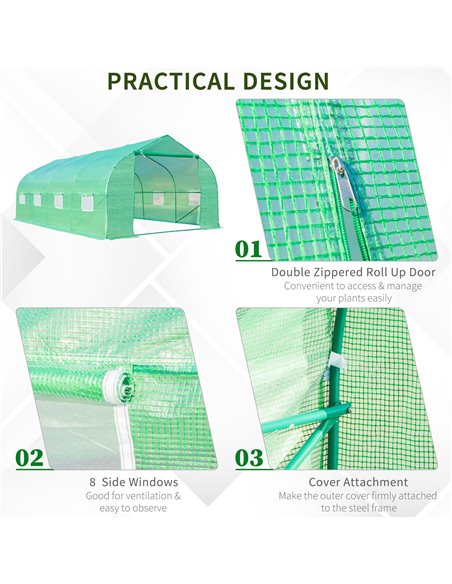 Outsunny 6 x 3 m Large Walk-In Greenhouse Garden Polytunnel Greenhouse w/ Metal Frame, Zippered Door and Roll Up Windows, Green  - pic 37718 | FastDaddyshop