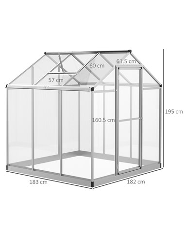 Outsunny 6x6ft Clear Polycarbonate Greenhouse Aluminium Frame Large Walk-In Garden Plants Grow 845-243