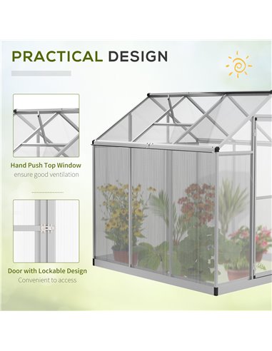 Outsunny 6x6ft Clear Polycarbonate Greenhouse Aluminium Frame Large Walk-In Garden Plants Grow 845-243