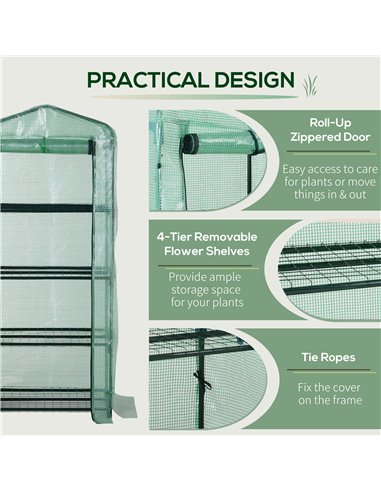 Outsunny 4 Tiers Mini Portable Greenhouse Plant Grow Shed Metal Frame PE Cover 160H x 70L x 50Wcm, Green 01-0097