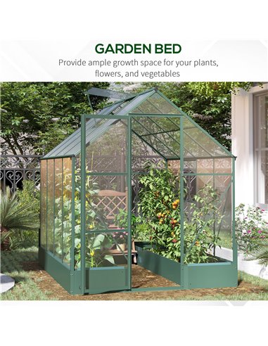 Outsunny Garden Walk-in Aluminium Greenhouse Polycarbonate with Plant Bed ,Temperature Controlled Window, Foundation, 6 x 8ft 84