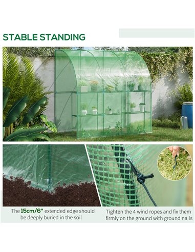 Outsunny Outdoor Walk-In Lean to Wall Tunnel Greenhouse with Zippered Roll Up Door PE Cover Green 214L x 120W x 215Hcm 845-304V0