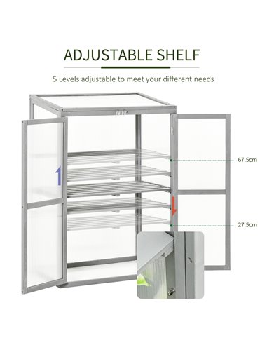 Outsunny Wooden Cold Frame Greenhouse Garden Polycarbonate Grow House w/ Adjustable Shelf, Double Doors, 76 x 47 x 110 cm, Grey 