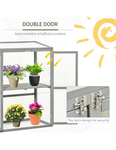 Outsunny Wooden Cold Frame Greenhouse Garden Polycarbonate Grow House w/ Adjustable Shelf, Double Doors, 76 x 47 x 110 cm, Grey 