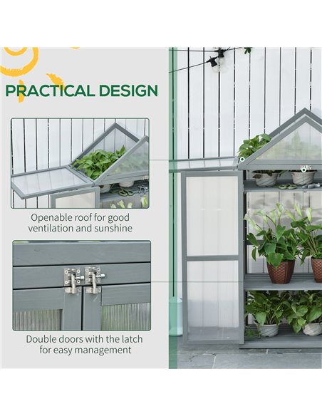 Outsunny 3-Tier Wooden Cold Frame Greenhouse Garden Polycarbonate Grow House w/ Adjustable Shelves, Double Doors, 80 x 47 x 138c - pic 38087 | FastDaddyshop