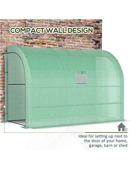 Outsunny Walk-In Lean to Wall Greenhouse with Windows and Doors 2 Tiers 6 Wired Shelves 300L x 150W x 215Hcm Green 845-302V01GN - pic 38194 | FastDaddyshop