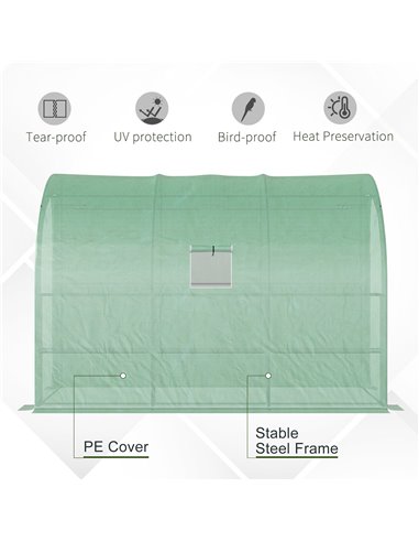 Outsunny Walk-In Lean to Wall Greenhouse with Windows and Doors 2 Tiers 6 Wired Shelves 300L x 150W x 215Hcm Green 845-302V01GN