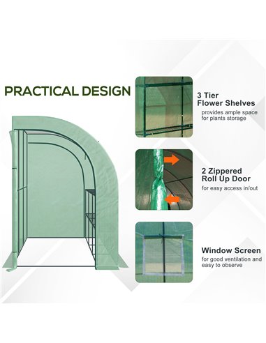 Outsunny Walk-In Lean to Wall Greenhouse with Windows and Doors 2 Tiers 6 Wired Shelves 300L x 150W x 215Hcm Green 845-302V01GN