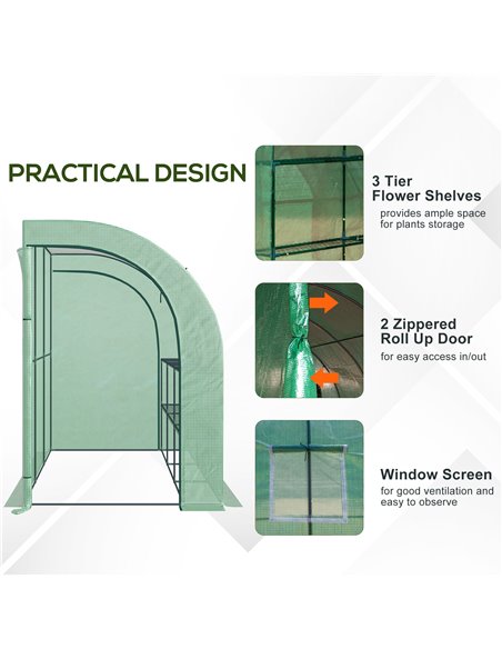 Outsunny Walk-In Lean to Wall Greenhouse with Windows and Doors 2 Tiers 6 Wired Shelves 300L x 150W x 215Hcm Green 845-302V01GN - pic 38196 | FastDaddyshop