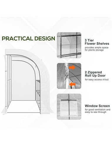 Outsunny Outdoor Walk-In Greenhouse, Plant Nursery with Zippered Doors, PE Cover and 3-Tier Shelves, White, 300 x 150 x 213 cm 8