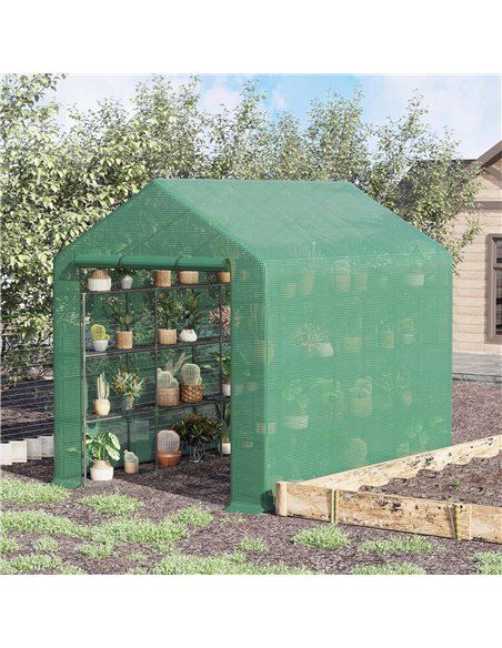 Outsunny Poly Tunnel Steeple Walk in Garden Greenhouse with Removable Cover Shelves - Green 244 x 180 x 210cm 845-696 - pic 38236 | FastDaddyshop
