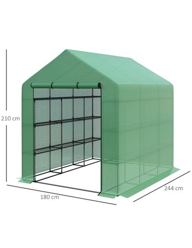 Outsunny Poly Tunnel Steeple Walk in Garden Greenhouse with Removable Cover Shelves - Green 244 x 180 x 210cm 845-696