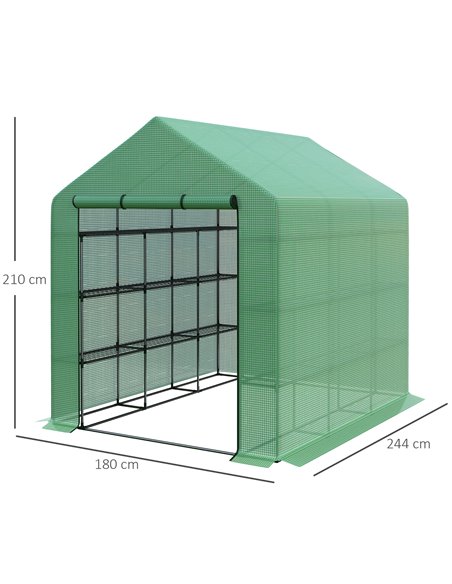 Outsunny Poly Tunnel Steeple Walk in Garden Greenhouse with Removable Cover Shelves - Green 244 x 180 x 210cm 845-696 - pic 38237 | FastDaddyshop