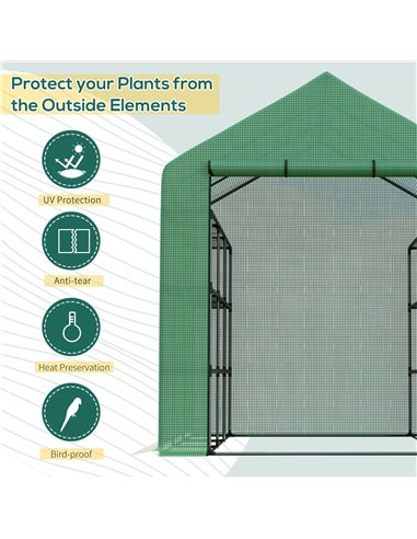 Outsunny Poly Tunnel Steeple Walk in Garden Greenhouse with Removable Cover Shelves - Green 244 x 180 x 210cm 845-696