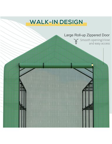 Outsunny Poly Tunnel Steeple Walk in Garden Greenhouse with Removable Cover Shelves - Green 244 x 180 x 210cm 845-696