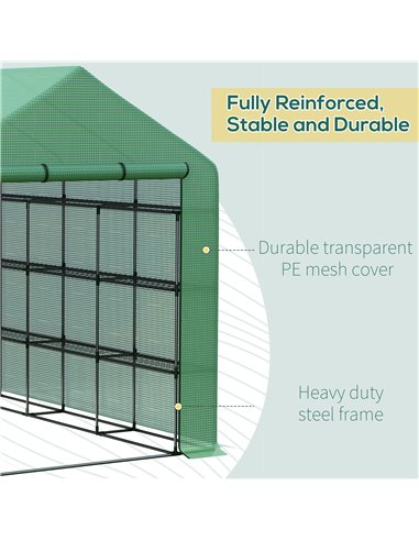 Outsunny Poly Tunnel Steeple Walk in Garden Greenhouse with Removable Cover Shelves - Green 244 x 180 x 210cm 845-696