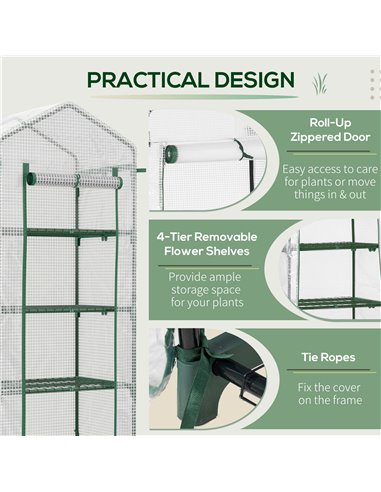 Outsunny 4 Tier Mini Greenhouse, Portable Green House with Steel Frame, PE Cover, Roll-up Door, 70 x 50 x 160 cm, White 845-228V