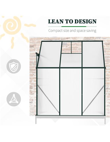 Outsunny Walk-In Lean to Greenhouse Garden Heavy Duty Aluminium Polycarbonate with Roof Vent for Plants Herbs Vegetables, Green,