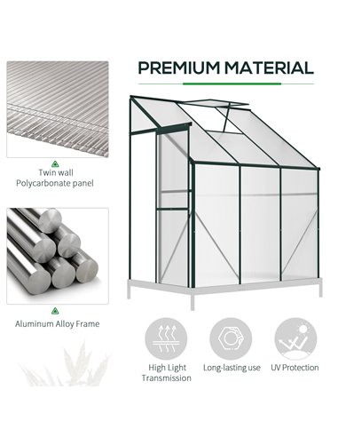 Outsunny Walk-In Lean to Greenhouse Garden Heavy Duty Aluminium Polycarbonate with Roof Vent for Plants Herbs Vegetables, Green,