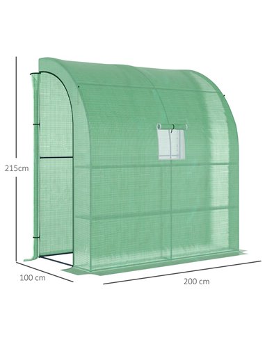 Outsunny Lean to Greenhouses with Windows and Doors 2 Tiers 4 Wired Shelves 200L x 100W x 215Hcm Green 845-304V04GN