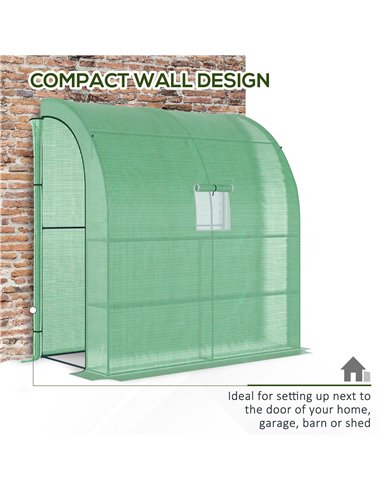 Outsunny Lean to Greenhouses with Windows and Doors 2 Tiers 4 Wired Shelves 200L x 100W x 215Hcm Green 845-304V04GN