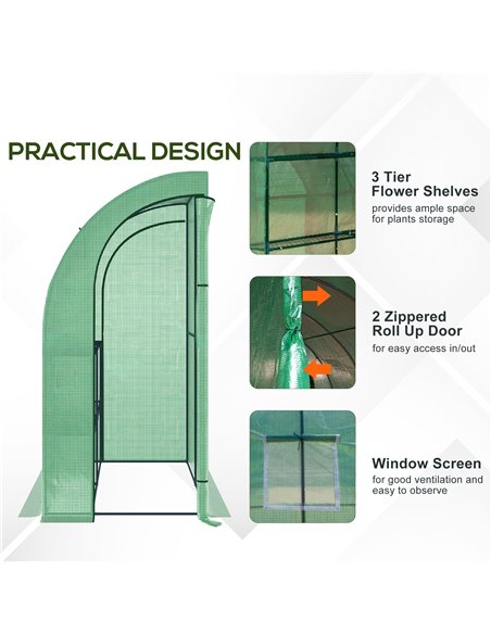 Outsunny Lean to Greenhouses with Windows and Doors 2 Tiers 4 Wired Shelves 200L x 100W x 215Hcm Green 845-304V04GN - pic 38322 | FastDaddyshop