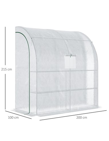 Outsunny Walk-In Lean to Polytunnel Greenhouse with Windows and Doors 2 Tiers 4 Wired Shelves 200L x 100W x 215Hcm White 845-304