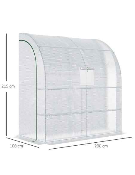Outsunny Walk-In Lean to Polytunnel Greenhouse with Windows and Doors 2 Tiers 4 Wired Shelves 200L x 100W x 215Hcm White 845-304 - pic 38345 | FastDaddyshop