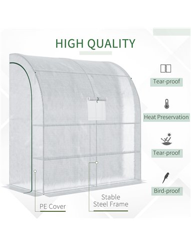 Outsunny Walk-In Lean to Polytunnel Greenhouse with Windows and Doors 2 Tiers 4 Wired Shelves 200L x 100W x 215Hcm White 845-304