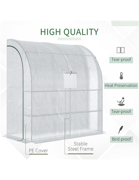 Outsunny Walk-In Lean to Polytunnel Greenhouse with Windows and Doors 2 Tiers 4 Wired Shelves 200L x 100W x 215Hcm White 845-304 - pic 38346 | FastDaddyshop