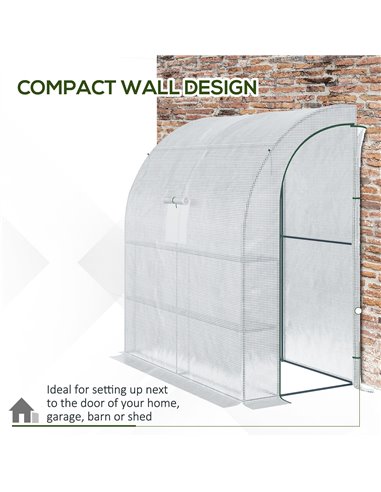 Outsunny Walk-In Lean to Polytunnel Greenhouse with Windows and Doors 2 Tiers 4 Wired Shelves 200L x 100W x 215Hcm White 845-304