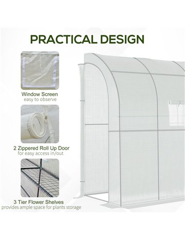 Outsunny Walk-In Lean to Polytunnel Greenhouse with Windows and Doors 2 Tiers 4 Wired Shelves 200L x 100W x 215Hcm White 845-304