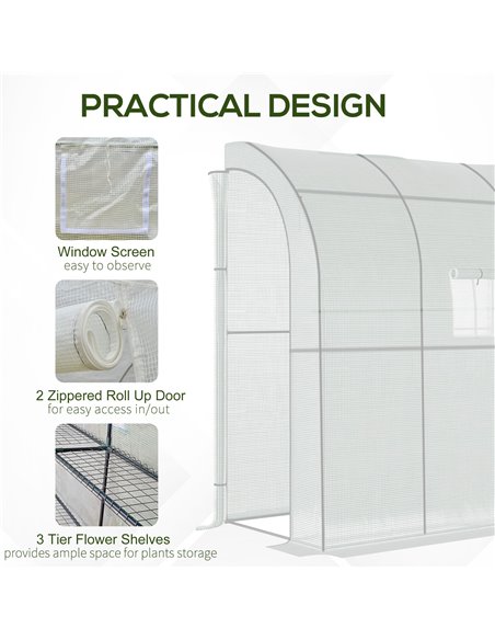 Outsunny Walk-In Lean to Polytunnel Greenhouse with Windows and Doors 2 Tiers 4 Wired Shelves 200L x 100W x 215Hcm White 845-304 - pic 38348 | FastDaddyshop