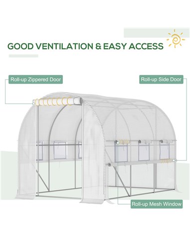 Outsunny 3 x 2 x 2m Walk-in Tunnel Greenhouse, Polytunnel Tent with PE Cover, Zippered Roll Up Door and 6 Mesh Windows, White 84