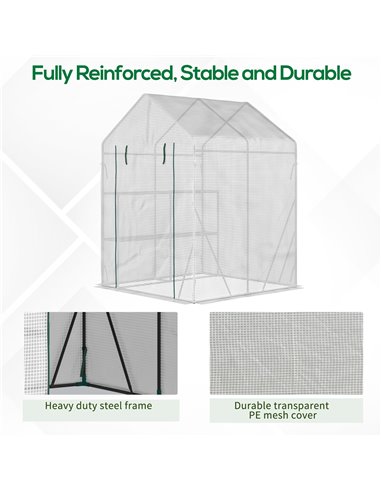 Outsunny Walk-In Greenhouse Portable Gardening Plant Grow House with 2 Tier Shelf, Roll-Up Zippered Door and PE Cover, 143 x 143