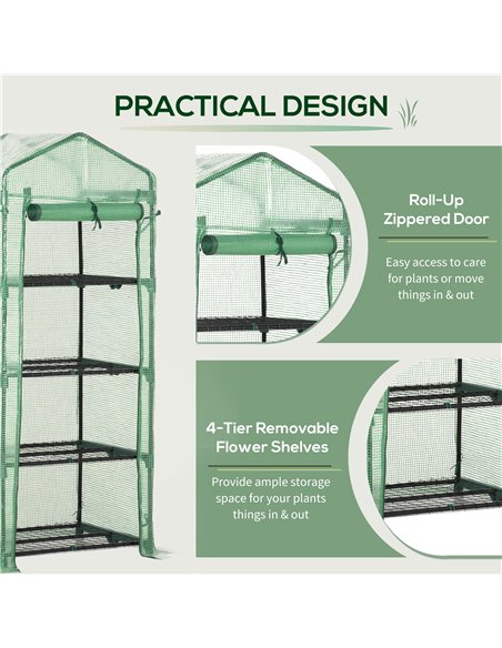 Outsunny 4 Tier Mini Greenhouse, Portable Green House with Steel Frame, PE Cover, Roll-up Door, 70 x 50 x 160 cm, Green 845-228V - pic 38429 | FastDaddyshop