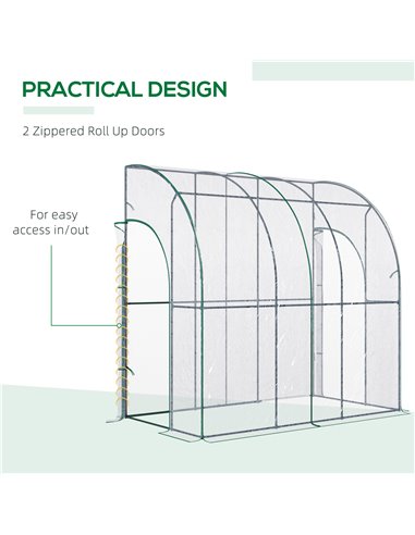 Outsunny Outdoor Walk-In Lean to Wall Tunnel Greenhouse with Zippered Roll Up Door PVC Cover Sloping Top, Clear, Green 214cm x 1