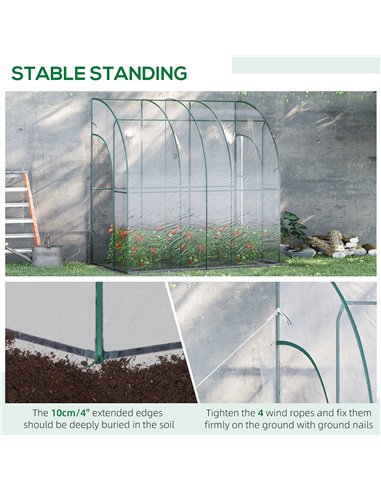 Outsunny Outdoor Walk-In Lean to Wall Tunnel Greenhouse with Zippered Roll Up Door PVC Cover Sloping Top, Clear, Green 214cm x 1