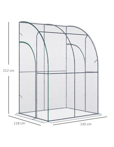 Outsunny Walk-In Greenhouse Lean to Wall Tunnel Greenhouse with Zippered Roll Up Door PVC Cover Sloping Top, 143 x 118 x 212 cm 