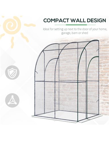Outsunny Walk-In Greenhouse Lean to Wall Tunnel Greenhouse with Zippered Roll Up Door PVC Cover Sloping Top, 143 x 118 x 212 cm 
